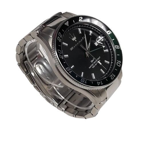 Maserati R8853140005 Sfida GMT Men’s Stainless Steel Black Dial Quartz Black Green Watch with Box and Extra Links (MR)