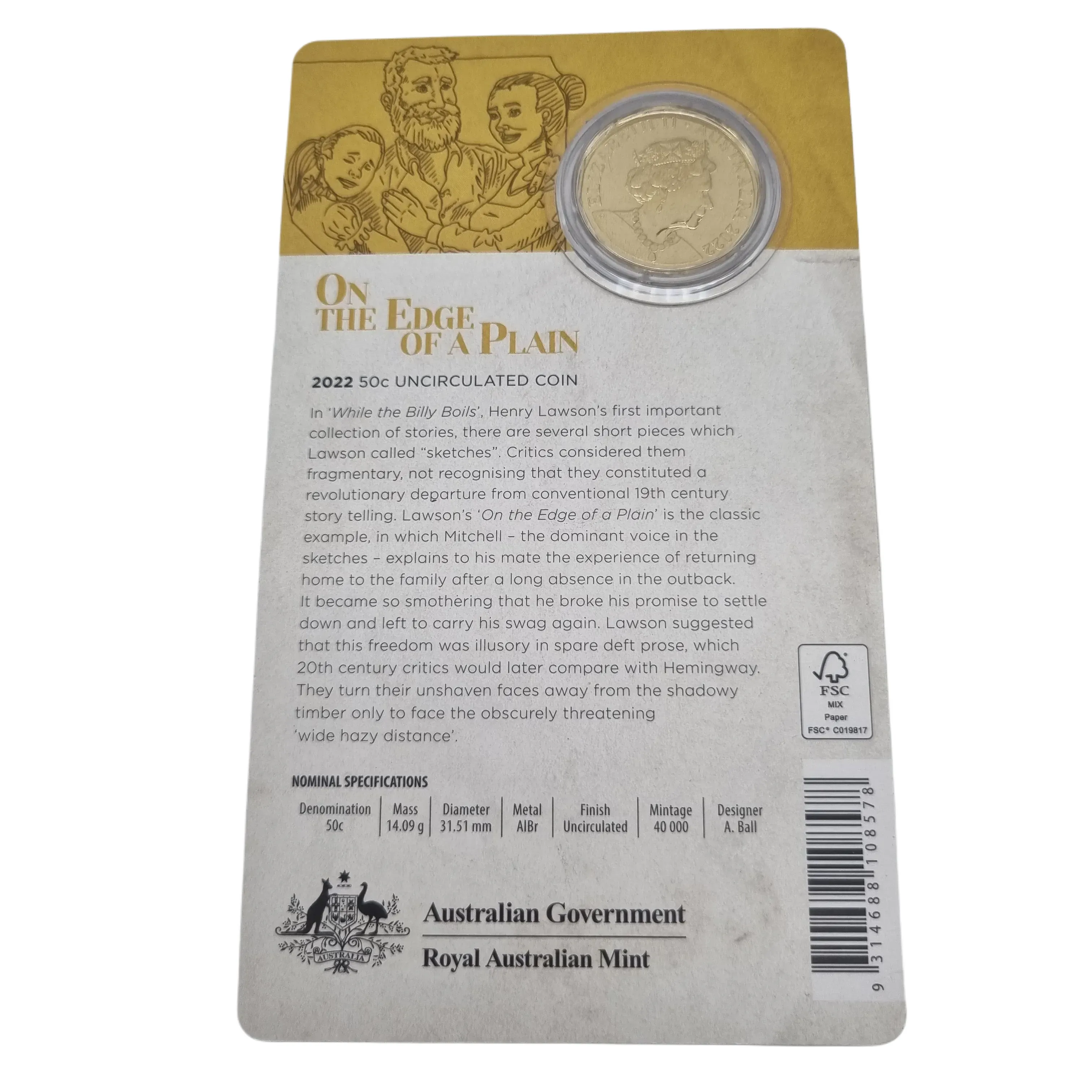 Royal Australian Mint – Henry Lawson On the Edge of Plain 2022 50 Cent Uncirculated Coin
