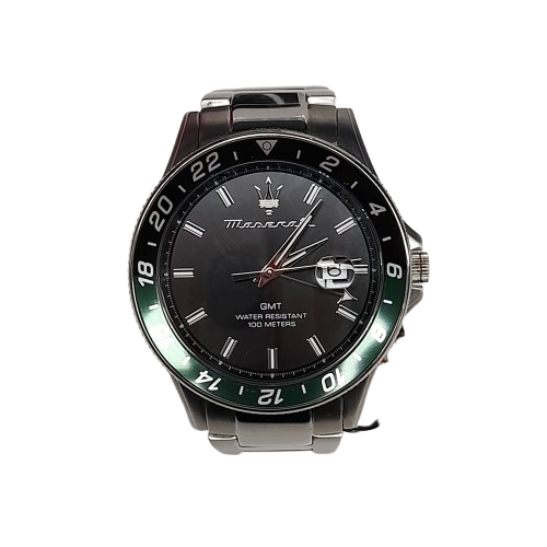 Maserati R8853140005 Sfida GMT Men’s Stainless Steel Black Dial Quartz Black Green Watch with Box and Extra Links (MR)