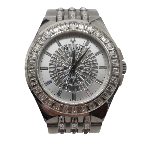Bulova Phantom Quartz Crystal Silver Pave Dial Men’s Watch Good Condition (NA)