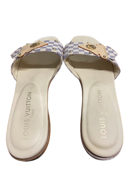 Louis Vuitton LW0215M Frame Flat Mule Grey Cream Size 36 With Entrupy Certificate (NG)