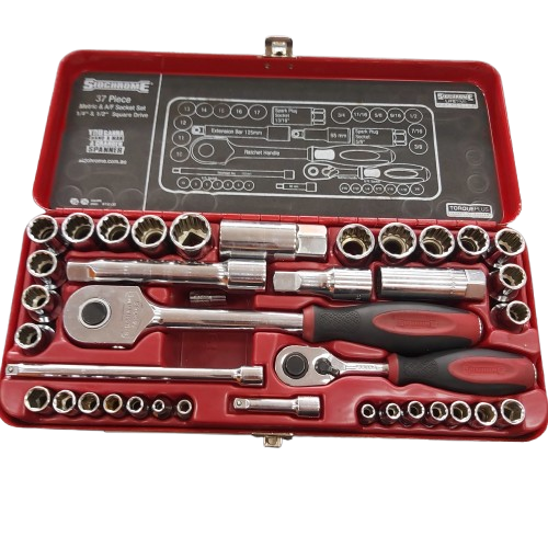 Sidchrome 37 Piece 1/4” And 1/2” Drive Met/AF Socket Set With Red Storage Case