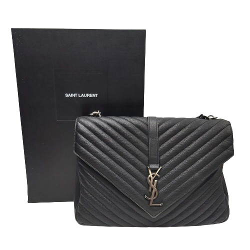 Yves Saint Laurent College Medium Satchel in Quilted Lambskin Leather – Black with Patina Silver Hardware (Includes Box & Dust Bag)