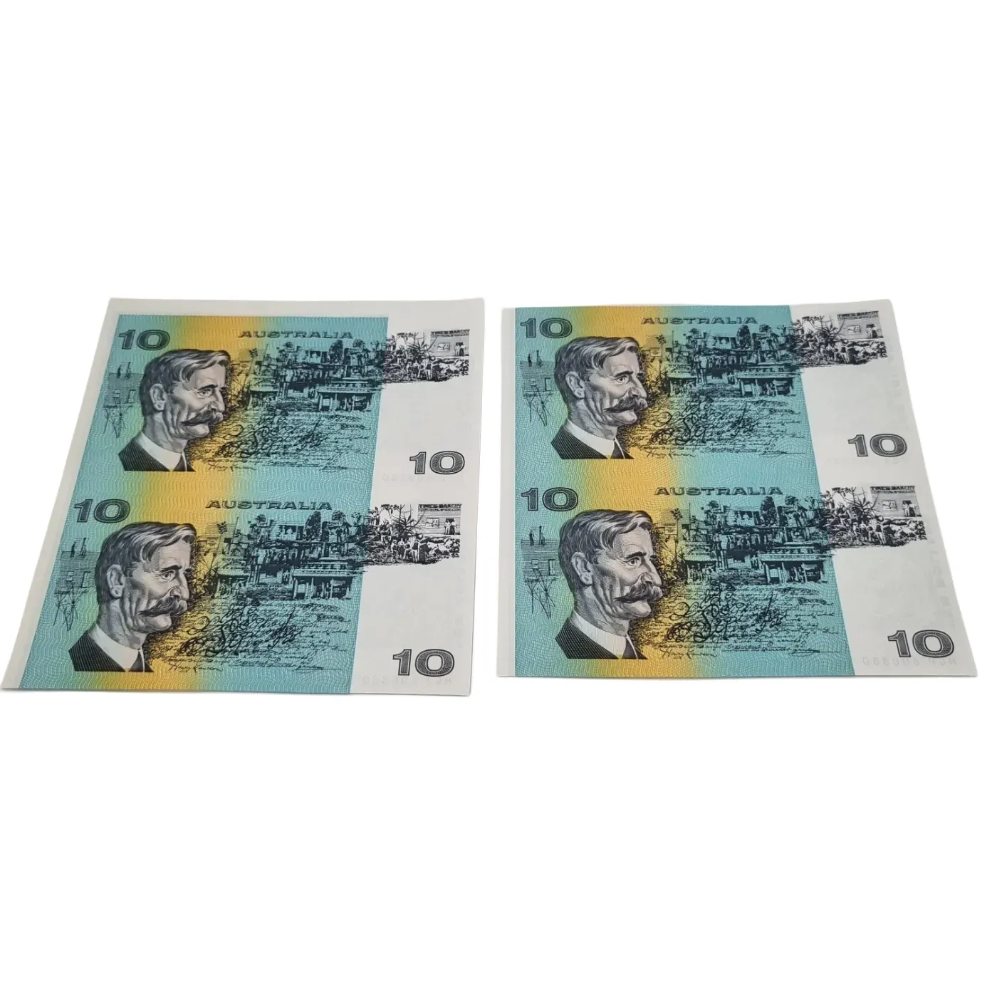 Australian Bank Notes – Uncut Blue $10 notes x 2 (Fraser/Cole, 1991 issue) + Certificate (WR 1346910)