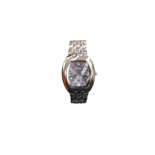 Unisex Silver Metal Band Analog Watch with Purple Glass Oval Dial (LN)