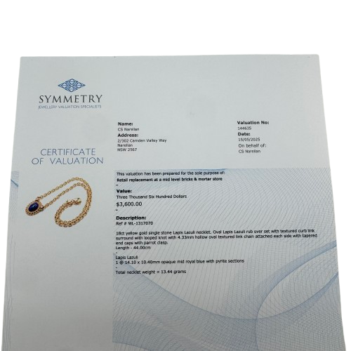 Ladies 18ct Yellow Gold Single Stone Lapis Lazuli Necklet 44cm with Valuation – WL 1317070