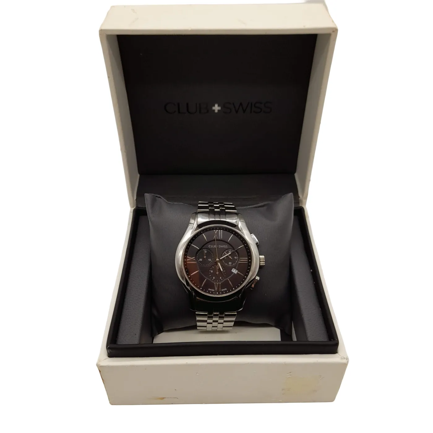 Club+Swiss CS1512G2 Men’s Silver Stainless Steel Band Analogue Watch with Black Dial+Box+Spare Links (WL1400683)