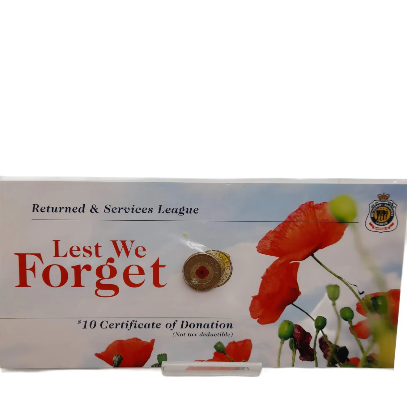LEST WE FORGET RSL $10 Certificate Red/Gold $2 Red Poppy Coin with Cardboard (WL1412180)