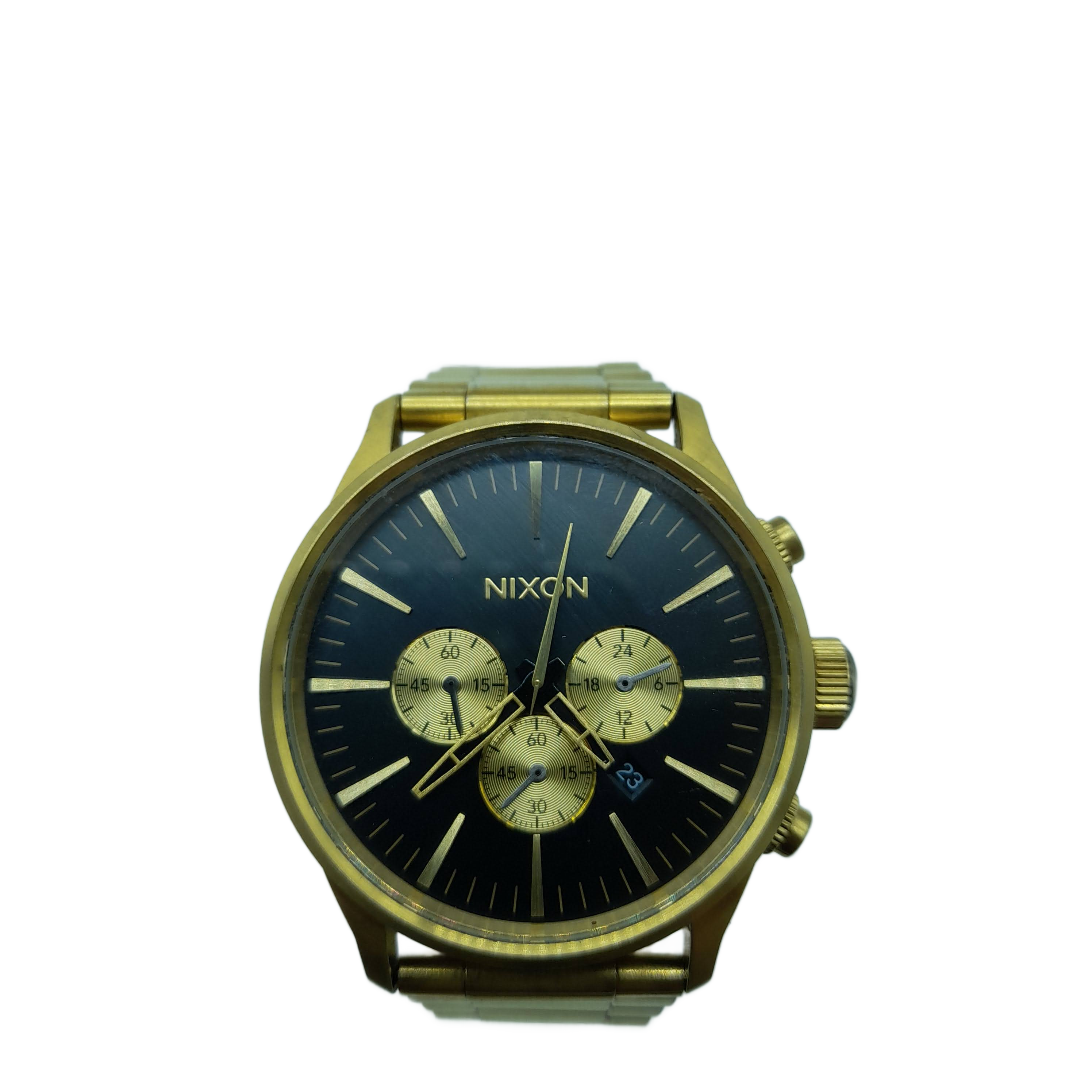 Men’s NIXON The Sentry 23J Chronograph Watch, Excellent USED Condition, Gold Stainless Steel Black Face, TICKING (GE 1414330)