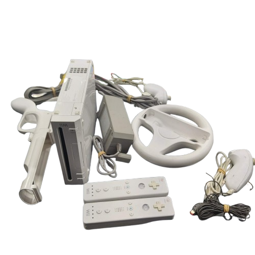 NINTENDO CONSOLE WII RVL-001 WHITE WITH POWERCORD 2X CONTROLLERS 2X NUNCHUCKS SENSOR BAR STEERING WHEEL GUN ACCESSRORY