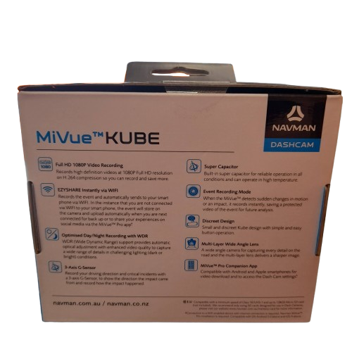Navman MiVue Kube Dashcam, 1080p, MicroSD Slot (Card Not Included), USBC Connectivity, Sealed In Box With Charger