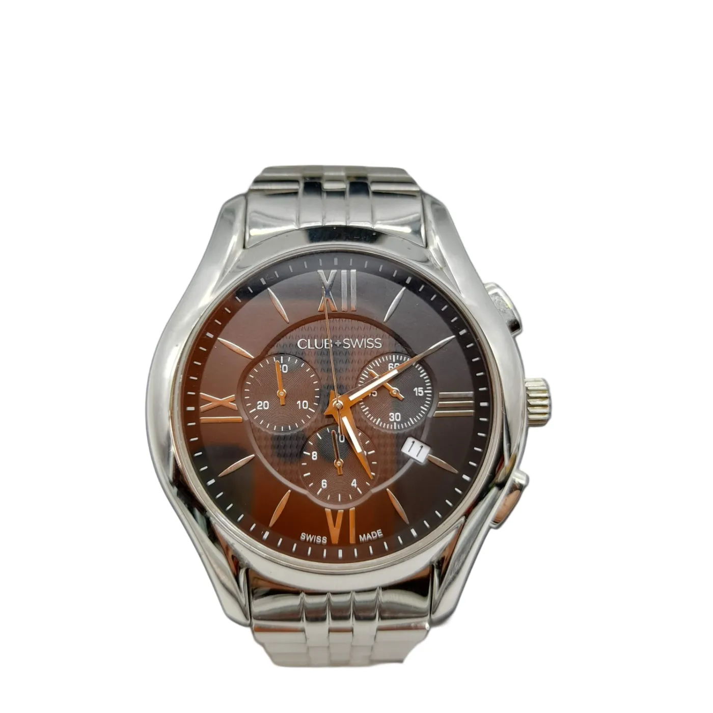 Club+Swiss CS1512G2 Men’s Silver Stainless Steel Band Analogue Watch with Black Dial+Box+Spare Links (WL1400683)