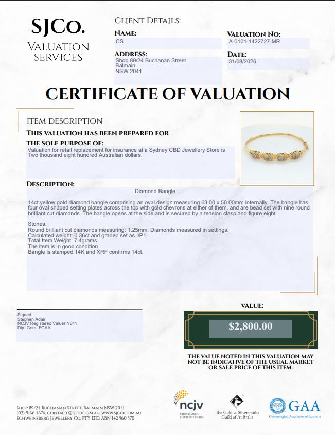 Ladies 14ct Yellow Gold Bangle With Diamonds (MR1422727) With Valuation