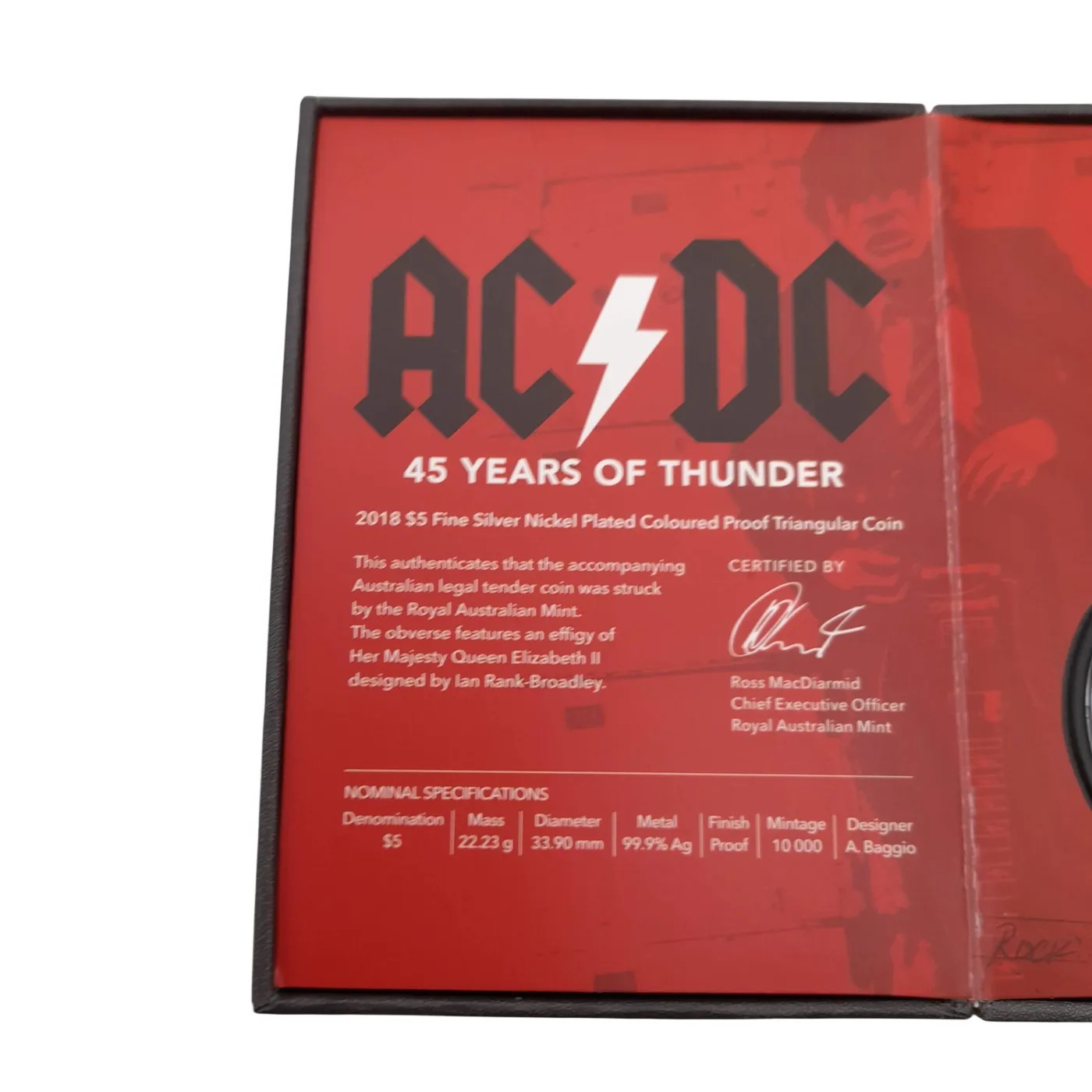 AC/DC 45 Years of Thunder 2018 $5 Fine Silver Nickel Plated Triangular Coin (WL 1409188)