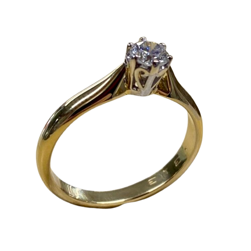 Ladies 18ct White & Yellow Gold Stone Diamond Ring. Single Round Brilliant Cut White Gold 6 Claw Set With Tapered Scroll Pierced Out Collet With Pointed Swept Up Shoulders. TDW 0.31ct. Size M/6.5, With Valuation Certificate (NG 99365)