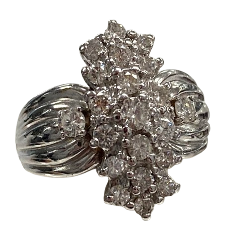 Ladies 9ct White Gold Diamond Cluster with 21 Round Brilliant Cut Diamonds in Shared Claw Settings. TDW 1.07ct. Size P. With Valuation Certificate.
