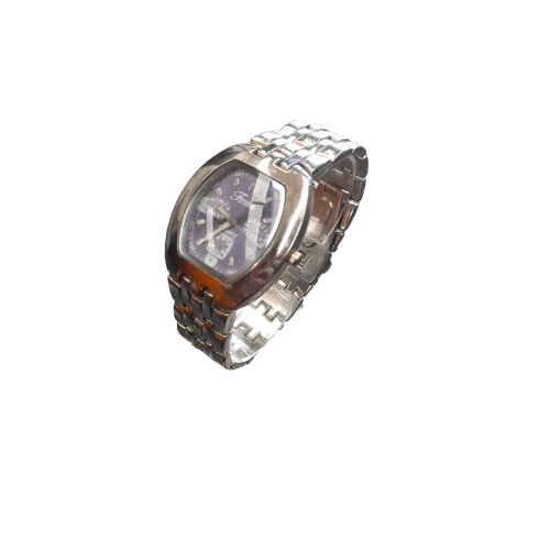 Unisex Silver Metal Band Analog Watch with Purple Glass Oval Dial (LN)