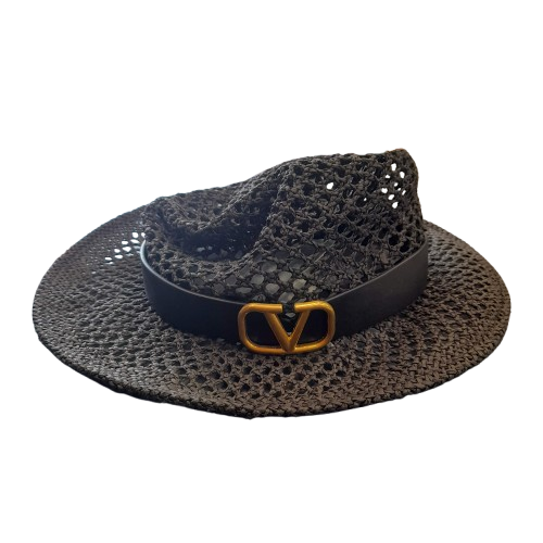 Valentino Hat Vlogo Crochet Straw Fedora (GE)