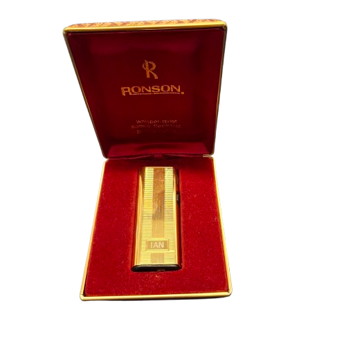 Vintage Ronson Whisper-Quiet Gold Electric Butane Lighter with Case (JN)