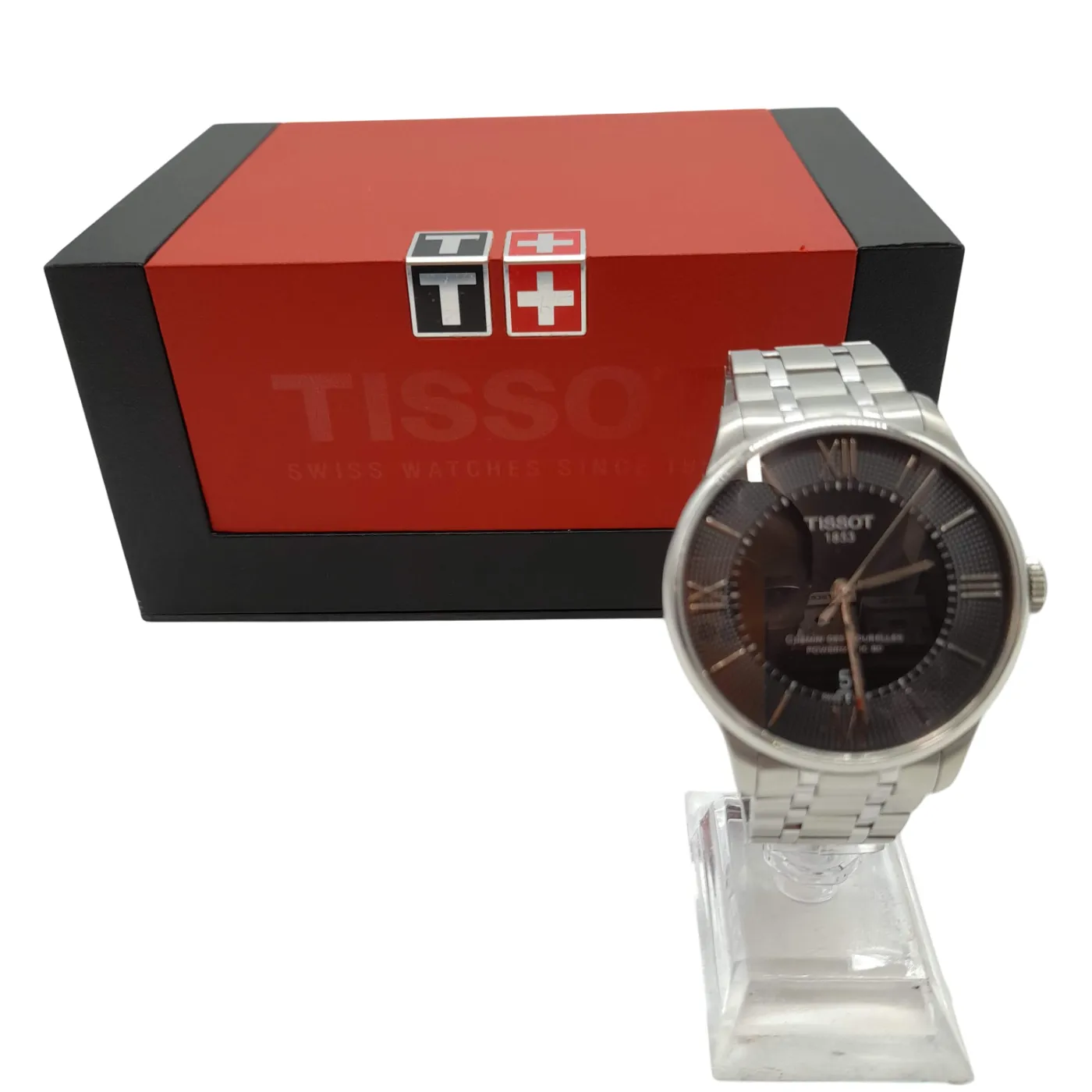 Mens Black Tissot Chemin Des Tourelles Watch Silver Stainless Steel Band with Box  (WL 1353156)