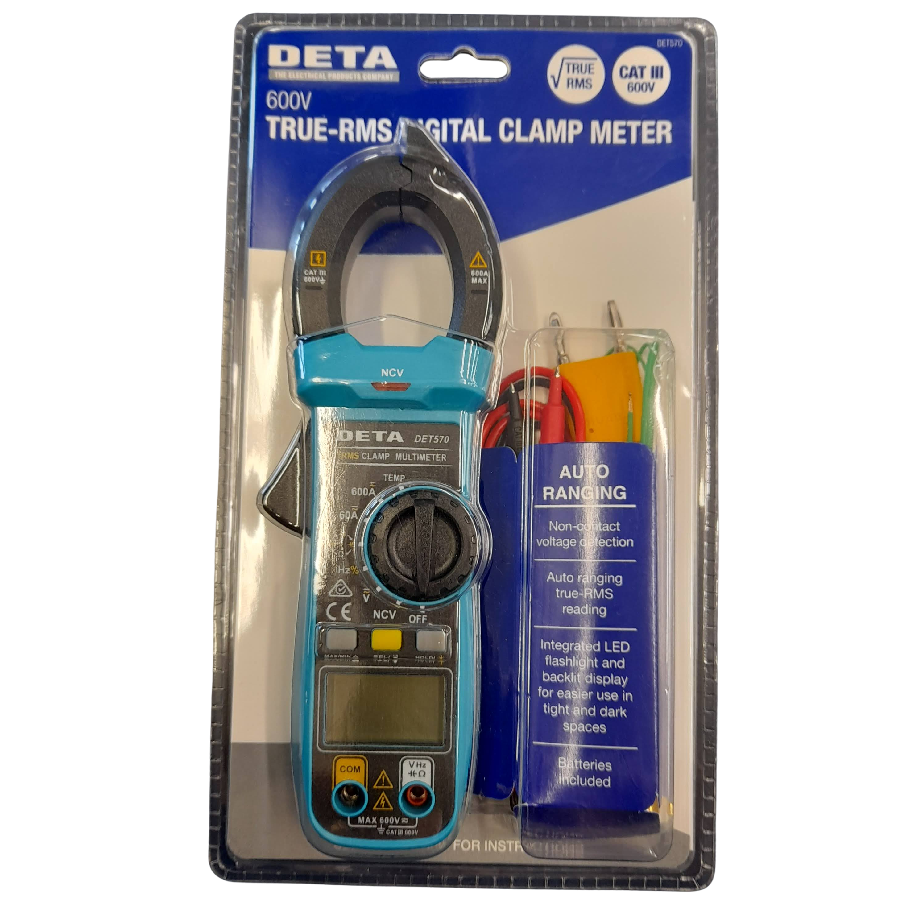DETA Clamp Meter DET570, Blue, FACTORY SEALED, With Manual, Test Leads + K-Type Thermocouple (GE)