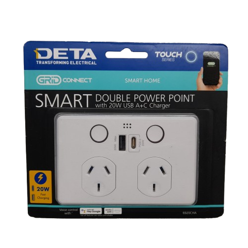 DETA 6920CHA GRID Smart Double Powerpoint with USB A+C PD 20W Fast Charging in Packet (MR)