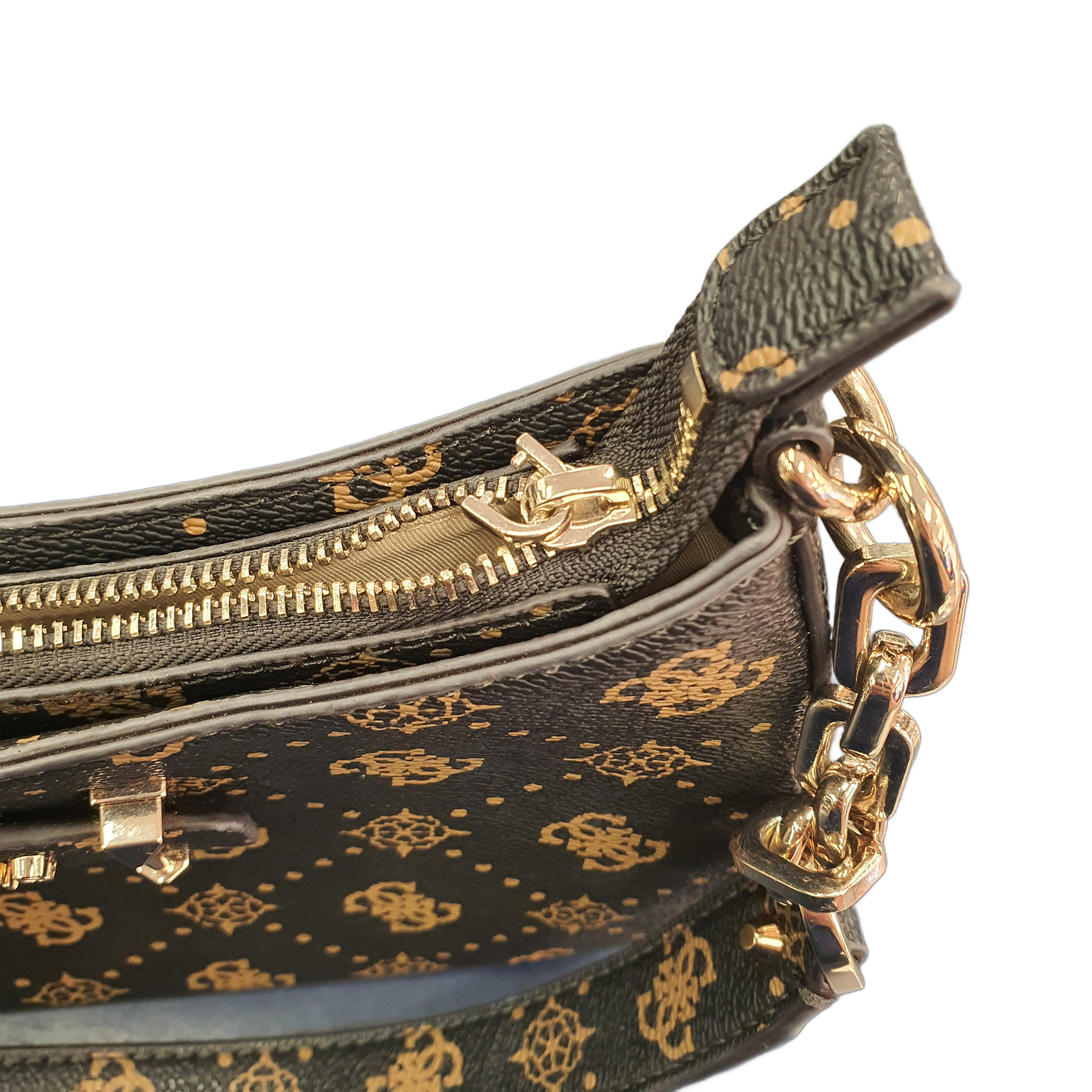 GUESS Carrie Handbag, Brown, Good Condition Damaged Zipper Pull (MR 1409721)
