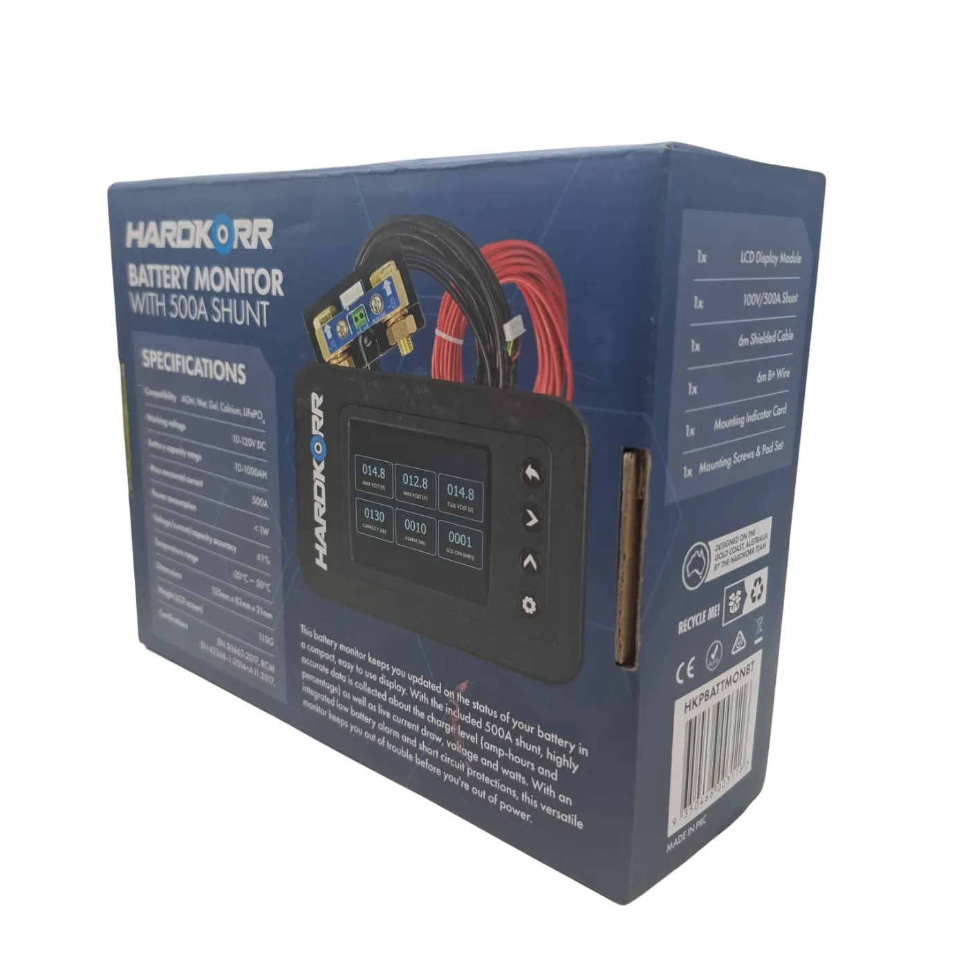 Hardkorr Battery Monitor HKMON + 500A Shunt 10-120V As New in Box with Accessories (WR)