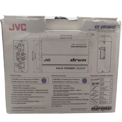 JVC KS-DR1004D Class D Compact 4Ch Amplifier, 400W (45Wx4RMS @4Ohms), Very Good Condition, With Harness, Box & Instructions