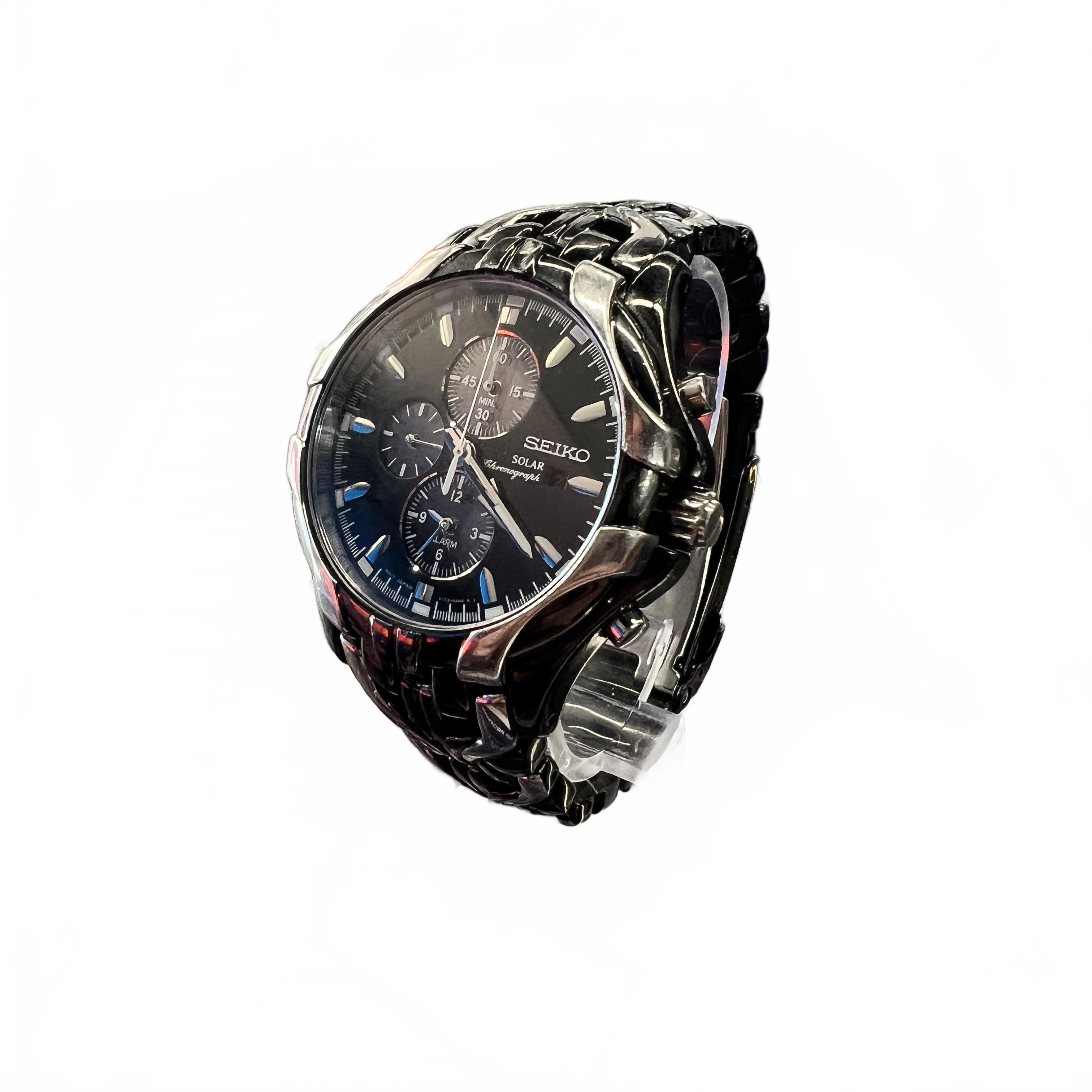 Seiko Solar Chronograph V1720AK0 Black And Silver Steel Band Watch (MK)