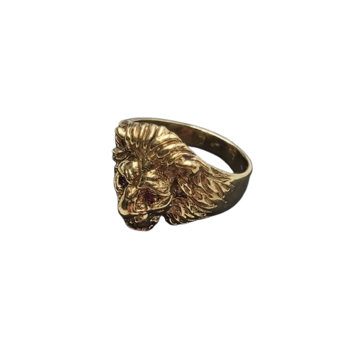 Men’s 9ct Yellow Gold Lion Face Ring 7.1g with Ruby Eyes and Diamond in Mouth
