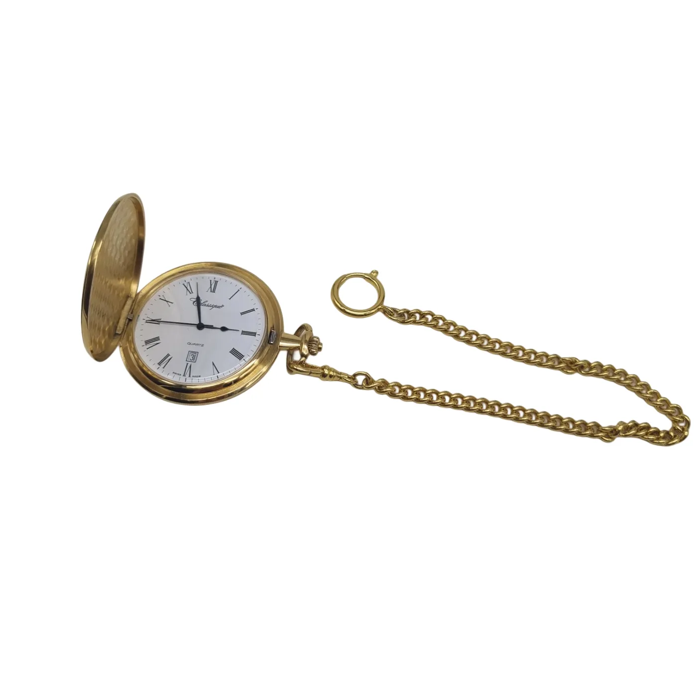 Classique Gold Plated Fob Pocket Watch Roman Numerals White Dial With 23cm Chain (WR58830)