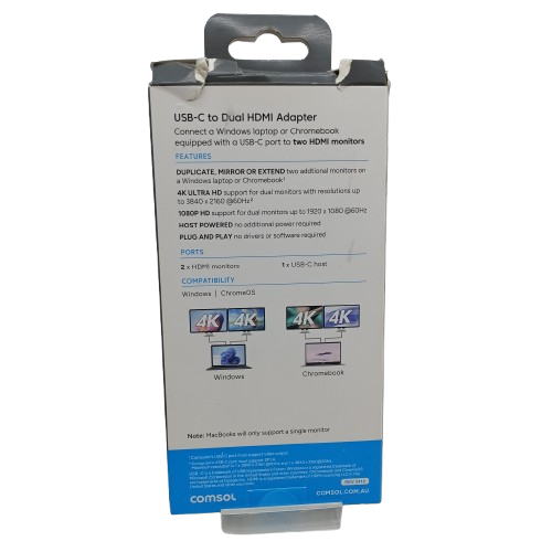Comsol USB-C to 2x HDMI Video Adapter, CMHD02, Silver, UNUSED OPENED Only (WR 1375887)