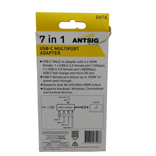 Antsig AP542B 7-In-1 USB-C Multiport Adaptor, Grey, Like New, Opened (WR)