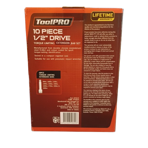 ToolPRO Torque Limiting Extension Bar Set 1/2″ Drive 10 Piece (lel)