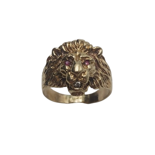 Men’s 9ct Yellow Gold Lion Face Ring 7.1g with Ruby Eyes and Diamond in Mouth