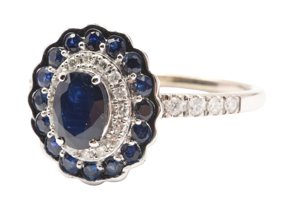 RINGLadies 9ct White Gold 41 Stone Sapphire and Diamond Dress Ring, Oval Sapphire & Round Brilliant Cut Diamonds, 0.32ct TDW, Size P 1/2 – With Valuation