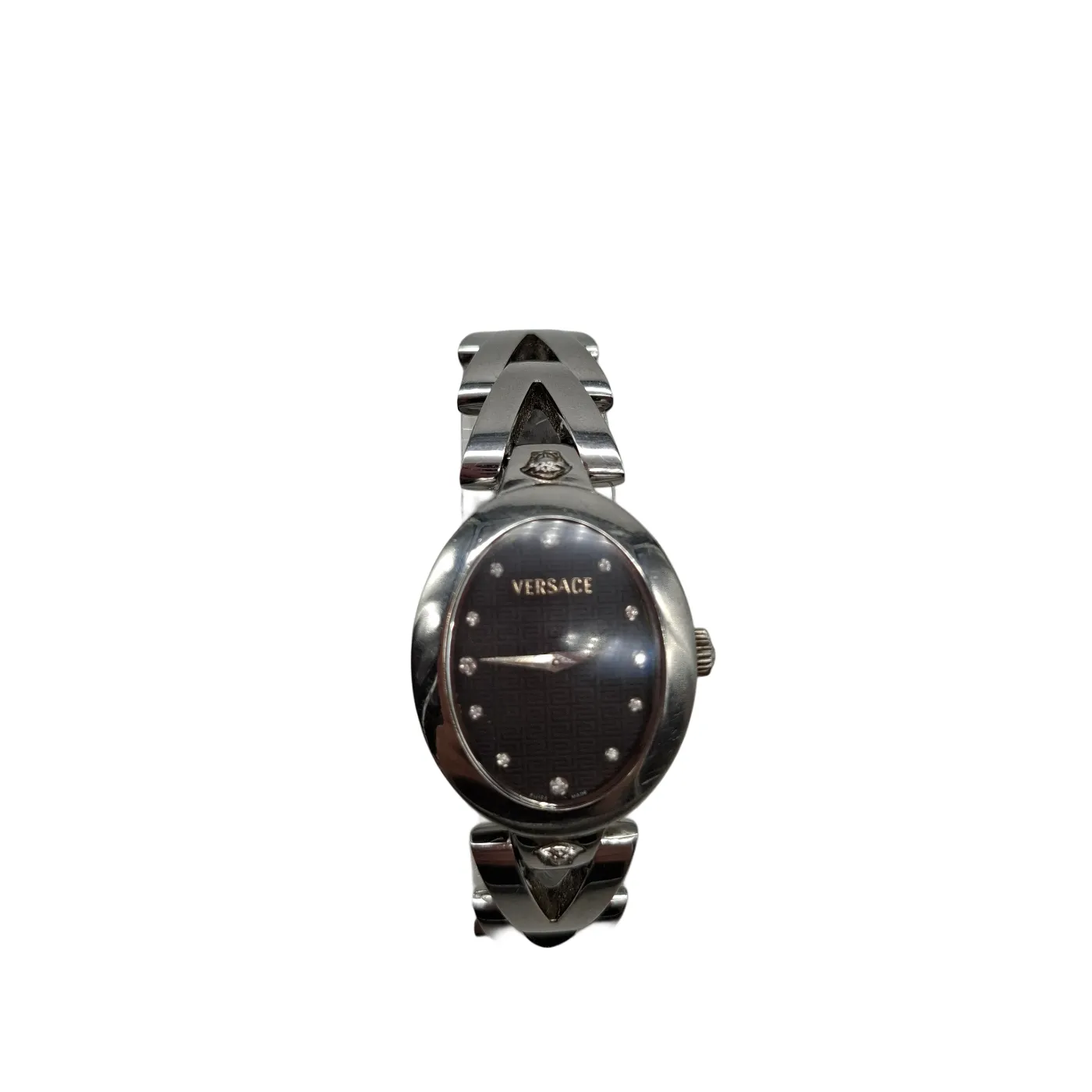 Ladies Silver Versace Watch 60Q99 Silver Stainless Steel Band Analogue Black Oval Face (WR)