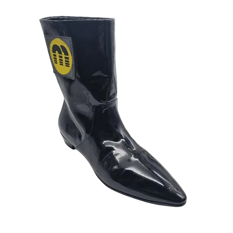 MIU MIU Black Patent Leather Yellow Logo Appliqué Boots Made In Italy (Size: 41) + Dust Bag