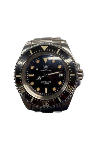 Mens Watch Model NH35 Silver Steel Band Round Black Glass (NG)