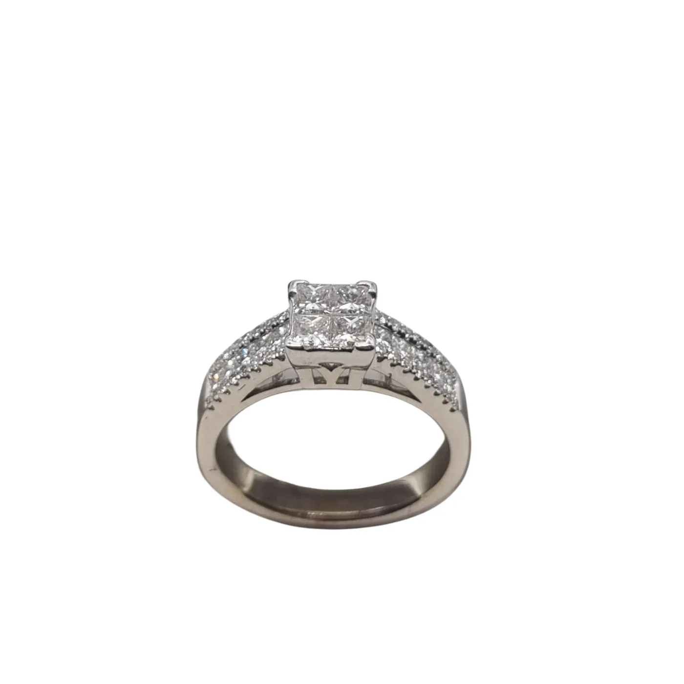 18ct White Gold 5.86g 46 Stone Diamond Ring – 0.52ct Total Four Princess Cut Diamonds – Size 6.5 + Val Certificate