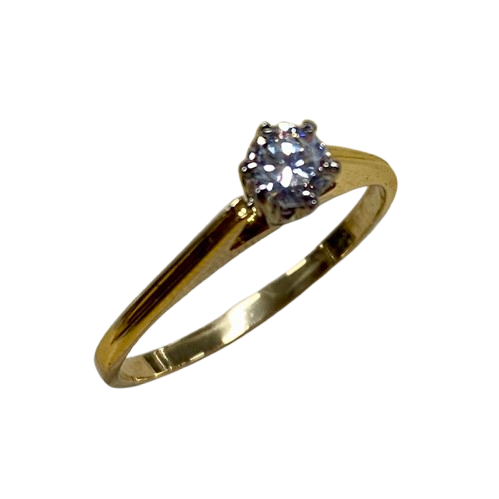 Ladies 18ct Yellow & White Gold Single Stone Diamond Ring. Round Brilliant Cut Diamond White Gold 6 Claw Set With Tapered Pierced Out Collet On Flat Yellow Gold Under Rail With Grooved Swept Up Shoulders. TDW 0.55ct. Size H/4.5, With Valuation Certificate (NG 63624)