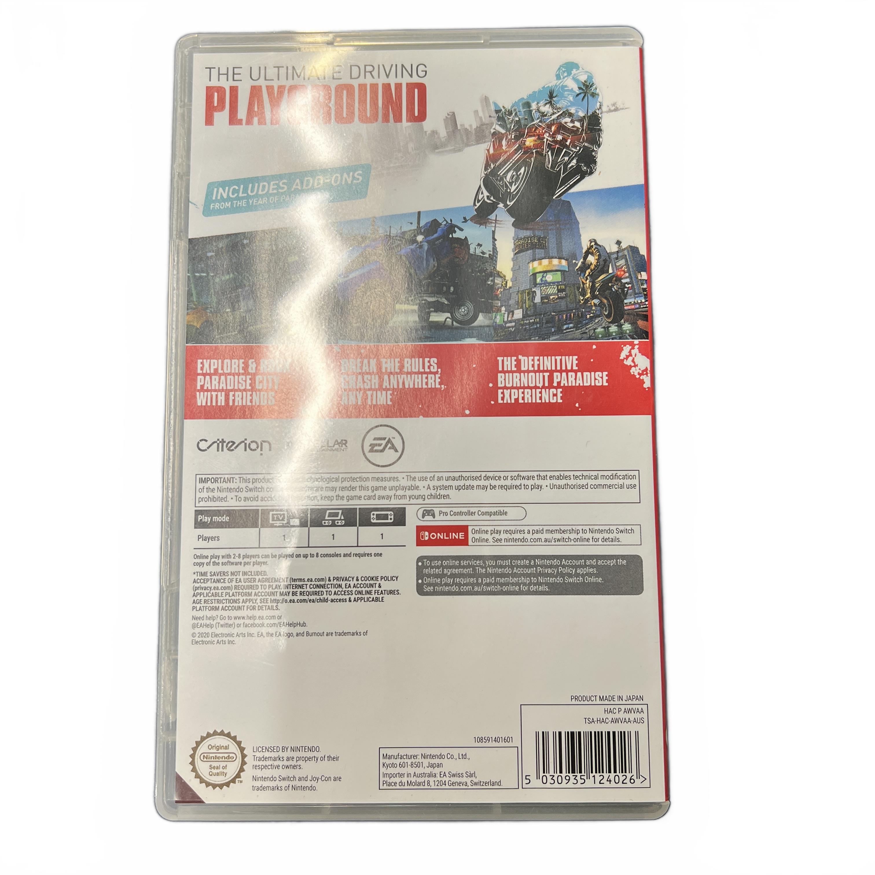 Burnout Paradise Remastered Nintendo Switch Game (MK)