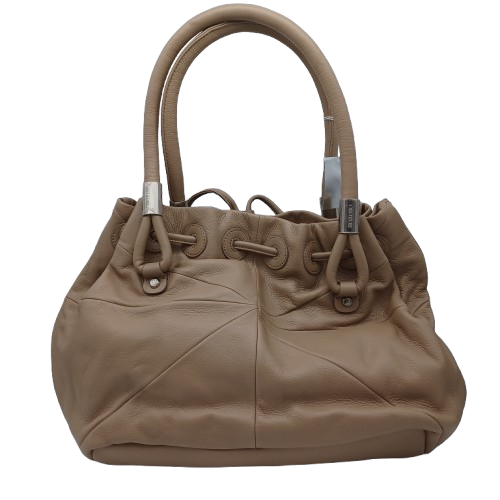 Oroton Faux Leather Handbag – Tan, Draw String Closure