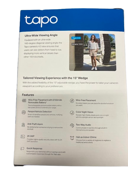 TAPO CAMERA D230S1 S/N:22491F5B01981 B/CODE:DC627958E22E WHITE NEW IN BOX (NG)