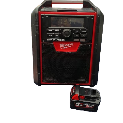 Milwaukee M18 Jobsite Radio M18RC0 With 5.0Ah Battery, Good USED Condition With Sharpie On Top (WR 1430218)