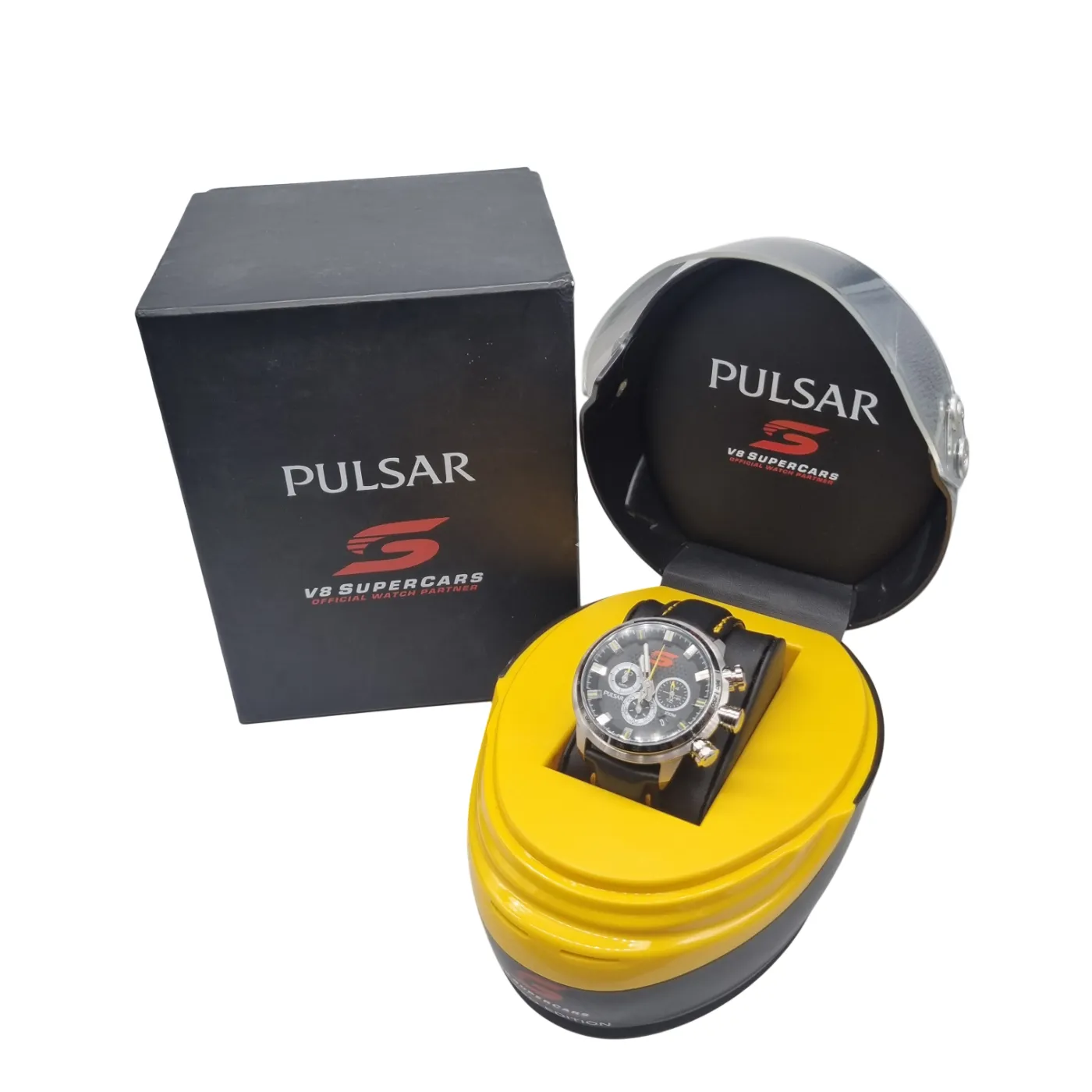 Mens Yellow Pulsar Watch V8 Supercars With Box And Helmet Case (WR 1369859)