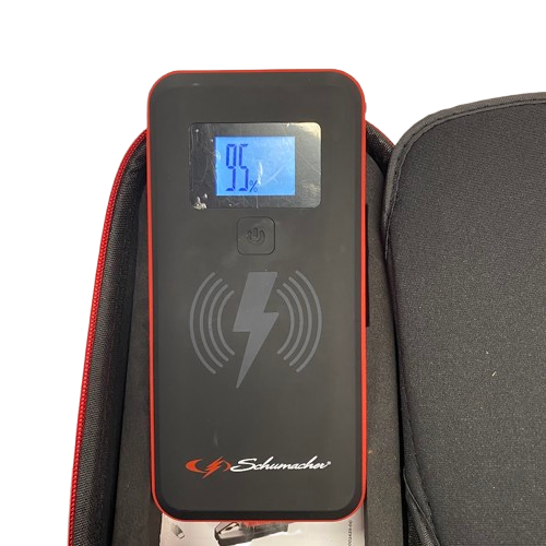 SCHUMACHER JUMPSTART KIT SL 413 S/N:9406547300BR252200120 RED IN CARRY CASE WITH ALL LEADS (BORKEN ZIP ON CASE) TESTED