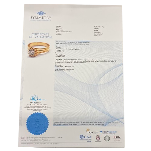 Ladies 18ct Yellow & White Gold, Round Brilliant Cut Claw Set 0.16ct Diamond. TDW 0.16, Size L.  With Valuation Certificate.