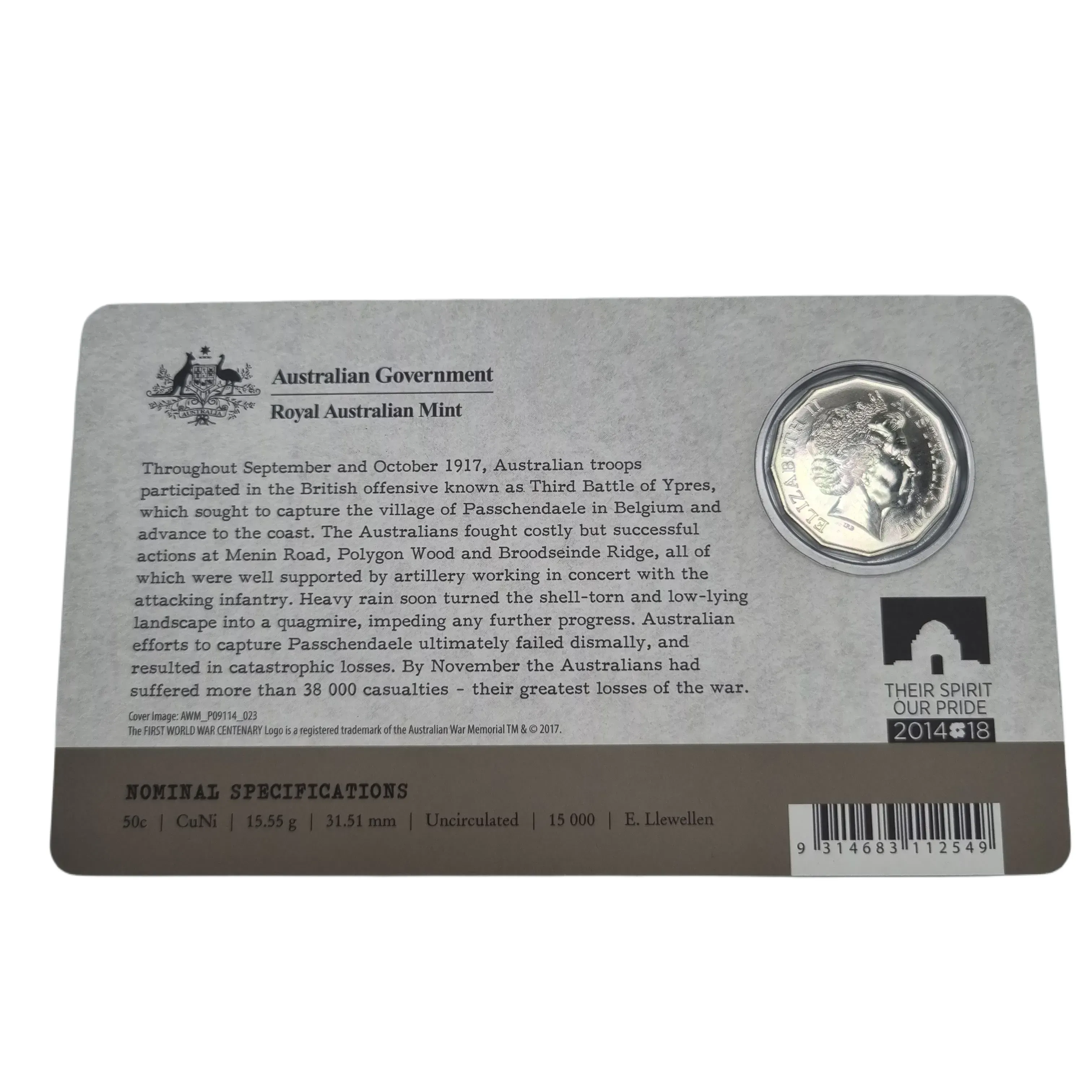 Royal Australian Mint- The Battle of Passchendaele 1917-2017 50 Cent Uncirculated Coin